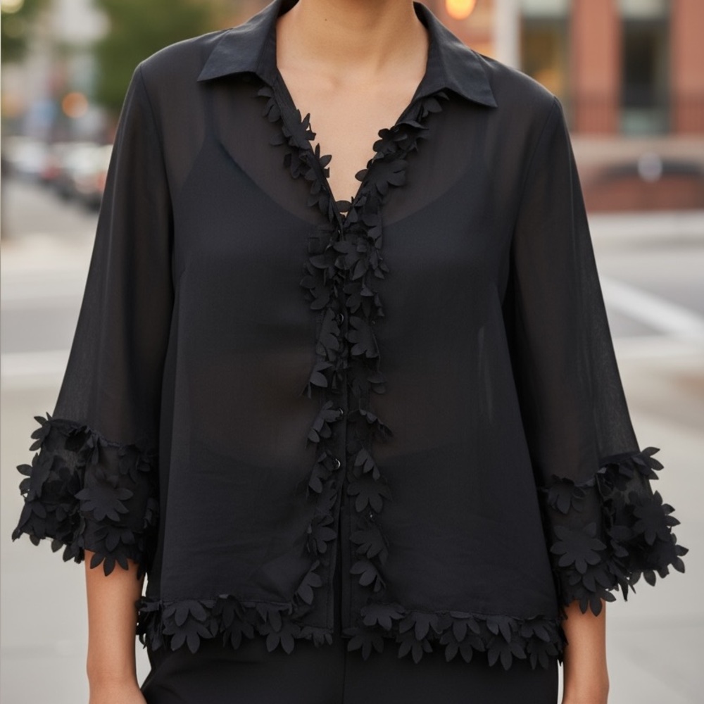 beautiful black top long sleeve with all black flowers in front